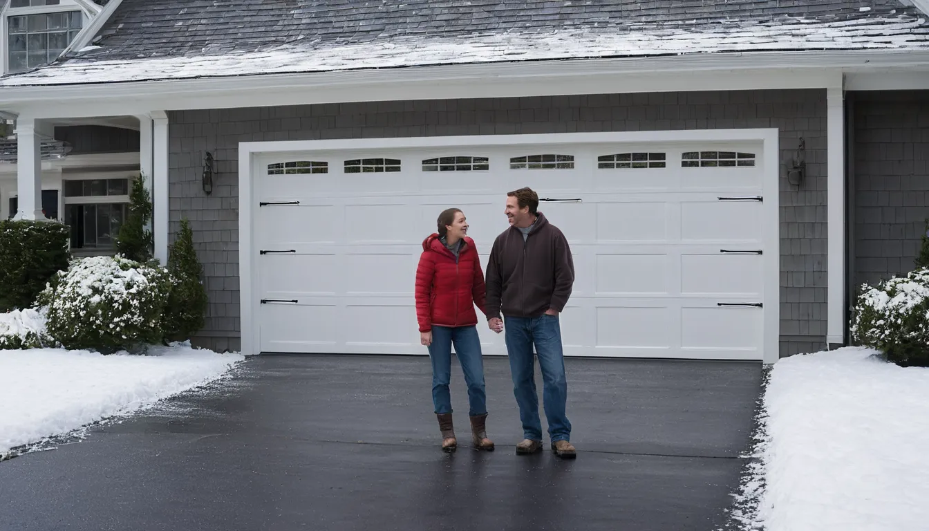 A friendly installer and homeowner checking a newly installed garage door at a house in Beverly